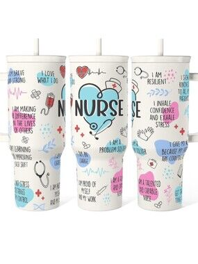 NWT Nurse Themed Travel Tumbler Cup w/ Straws, Straw Cleaner, And Silicone Boot